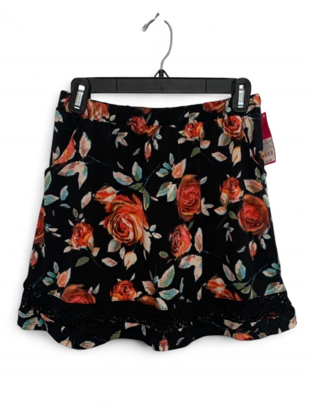 NWT Xhilaration Black Floral Ruffle Hem Mini Skirt with Red Roses